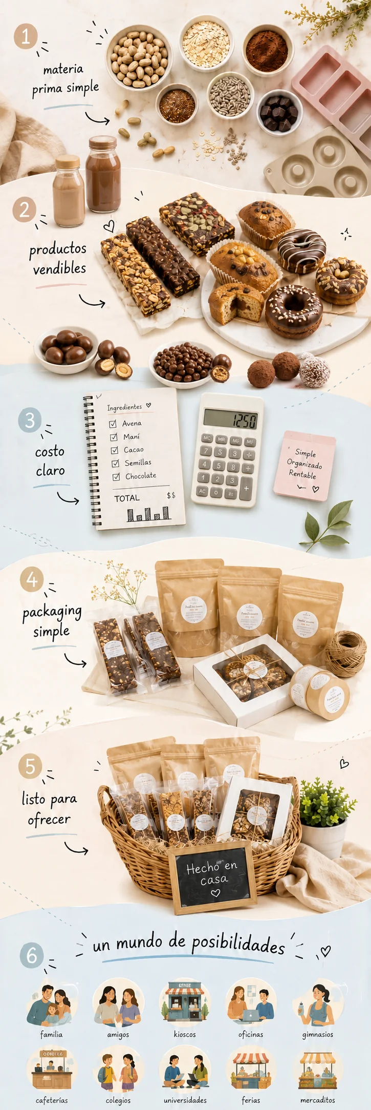 Proceso paso a paso: materia prima simple, productos vendibles, costo claro, packaging simple, listo para ofrecer y un mundo de posibilidades de venta